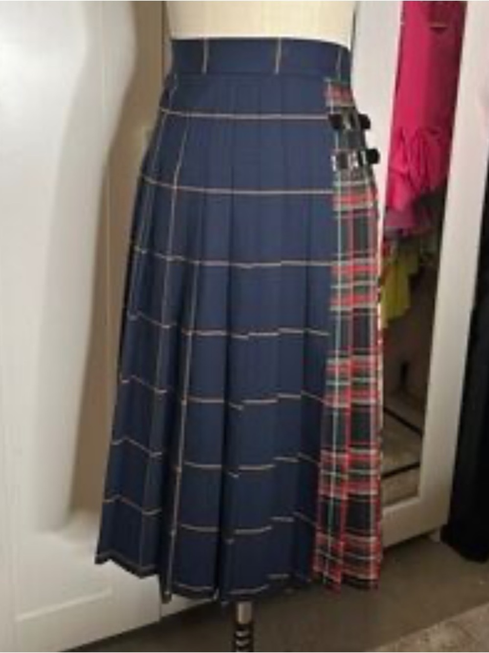 Zara Navy Plaid Panel Midi Skirt with Red Tartan Accent